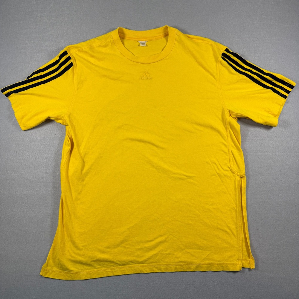 Adidas T-Shirt Mens Large Yellow 3-Stripe Performance Athletic Gym Sportswear